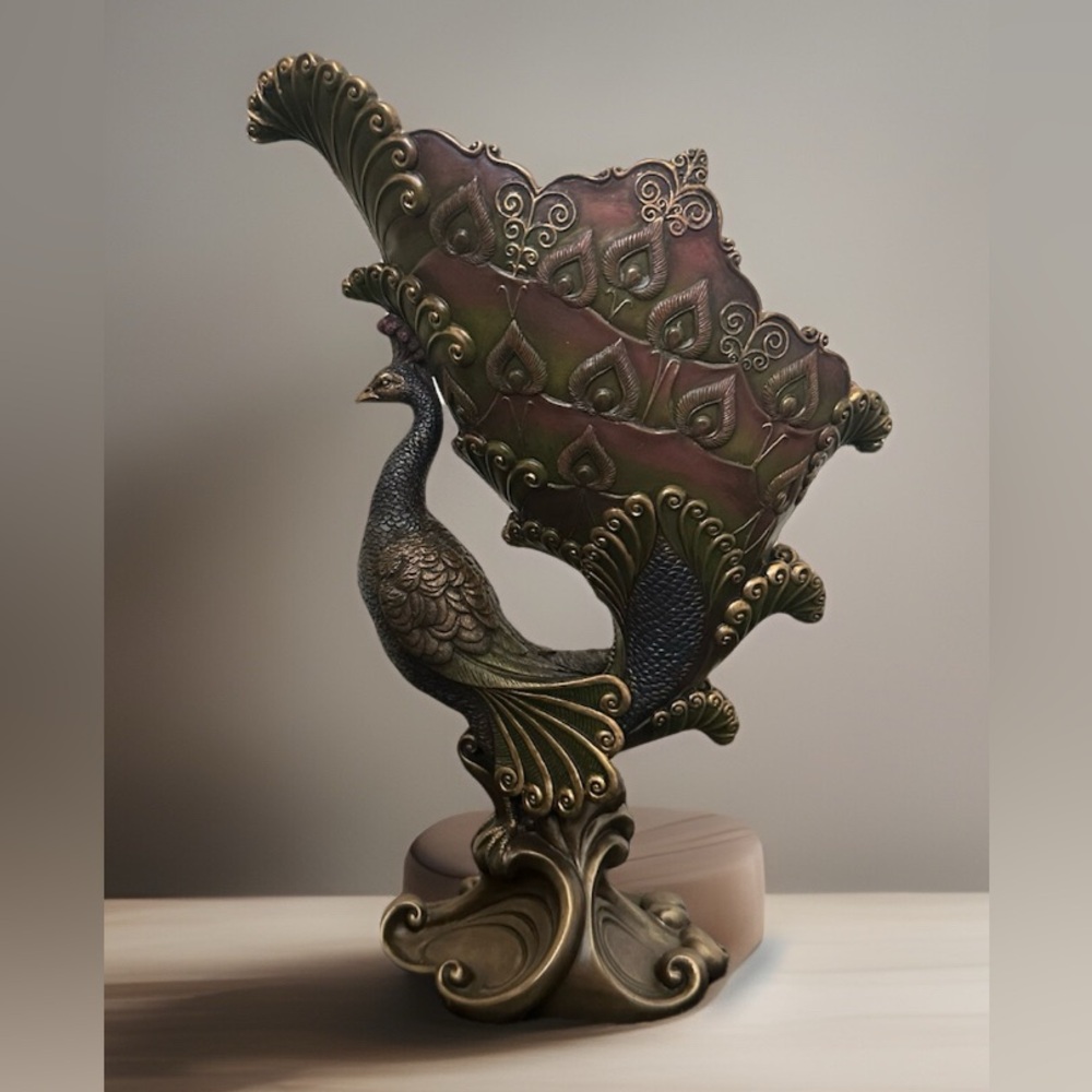 Veronese Design Art Nouveau Peacock Cold Cast Bronze Raised Bowl Vase NIB